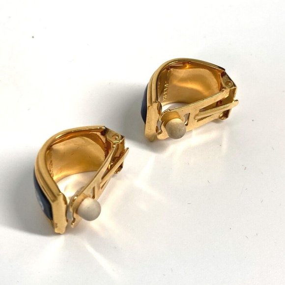 HERMES H pattern Cloisonné Emile Accessories Earrings Gold Plated Gold x Blue
